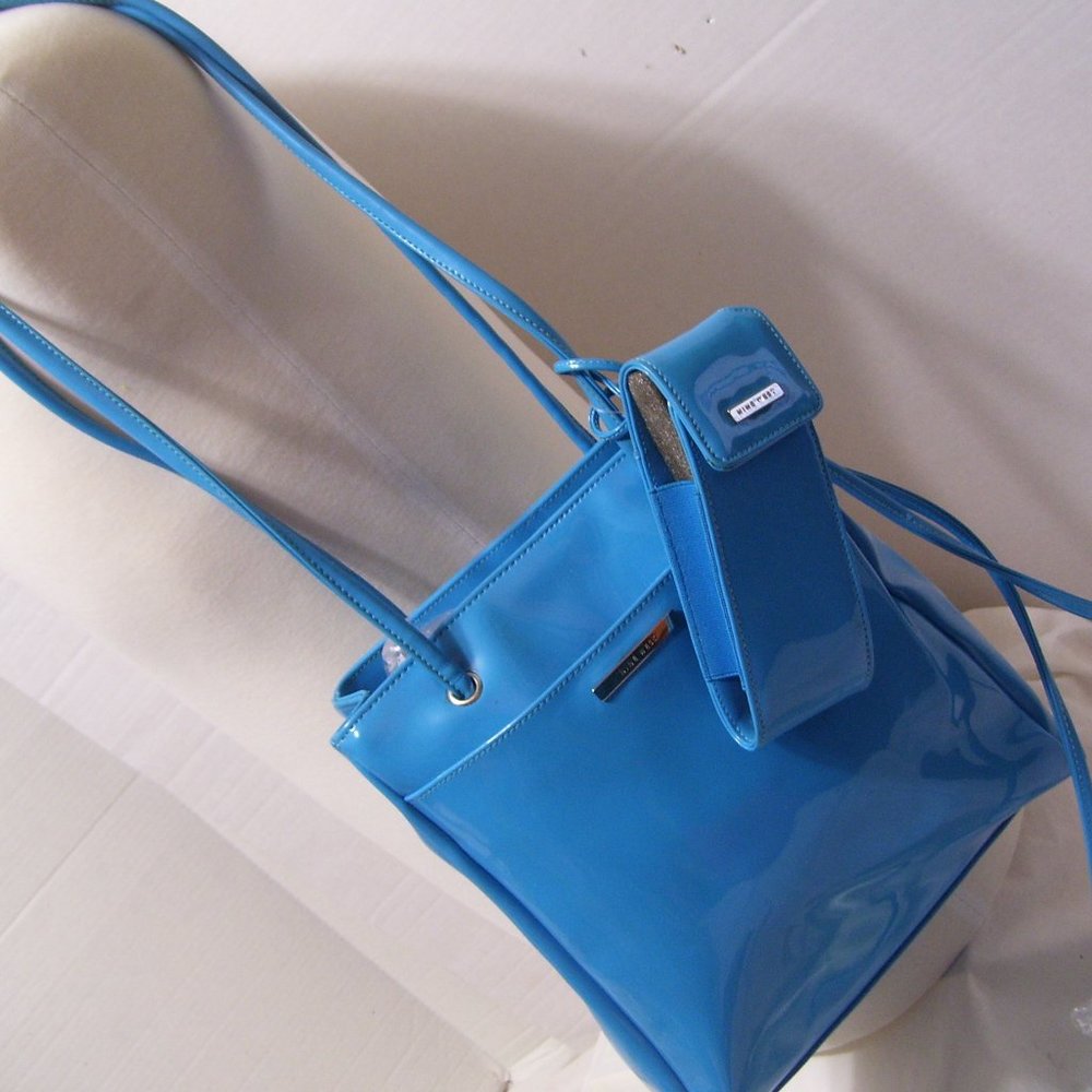 Nine West Malibu Blue Shiny Handbag with Phone Case NWOT